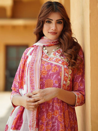 Dhiyona KL Floral Angrakha Gotta Patti Pure Cotton Anarkali Kurta with Trousers & Dupatta