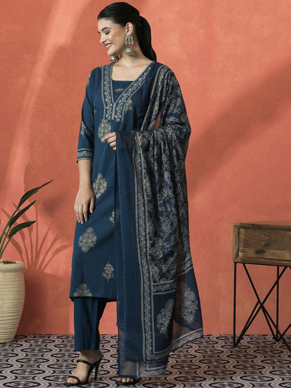 Dhiyona SN Women's Floral Printed Notch Neck Pure Cotton Straight Kurta With Trouser And Dupatta