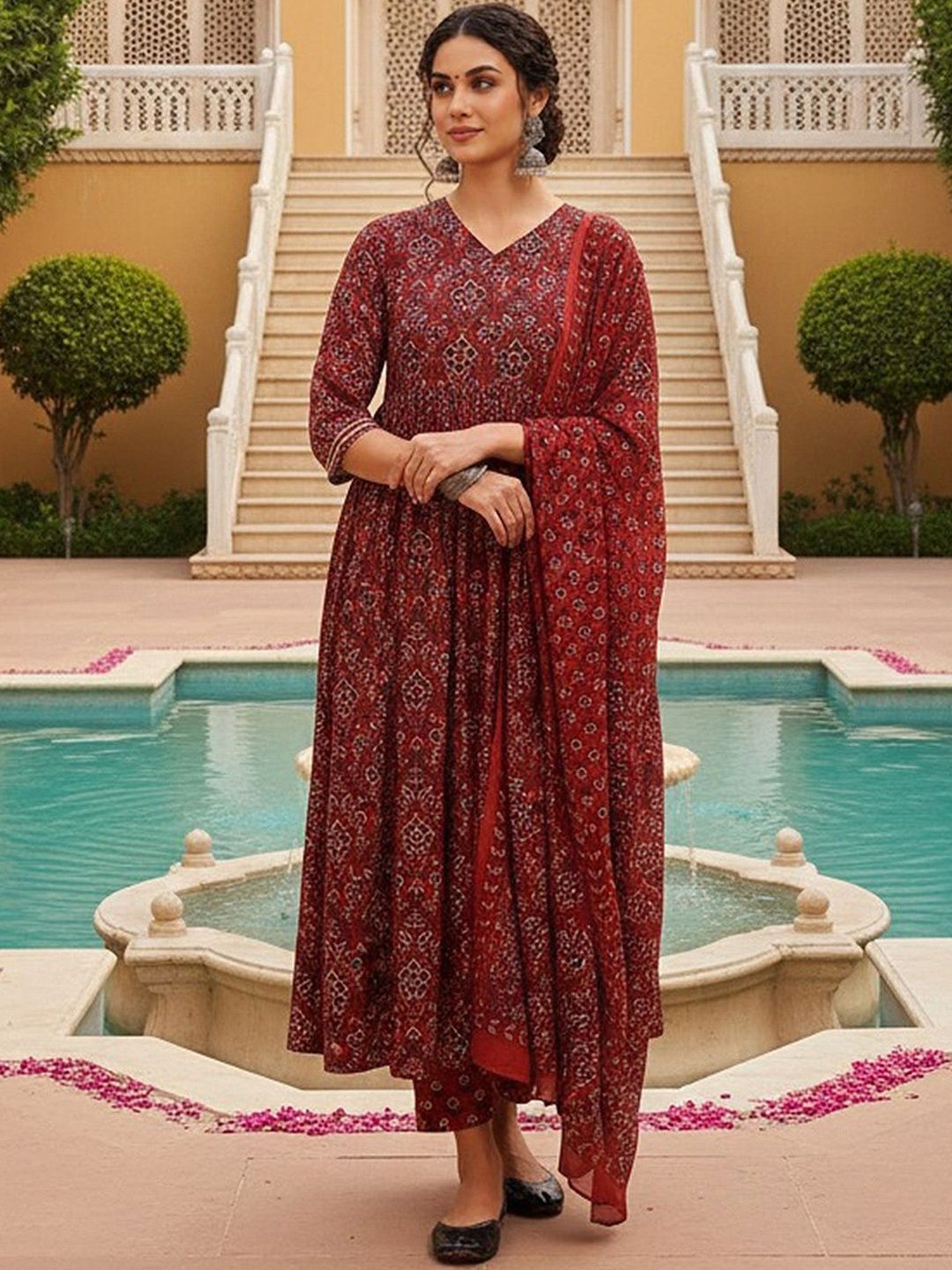 Dhiyona KL Ethnic Motifs Printed Pleated Kurta with Trousers & Dupatta
