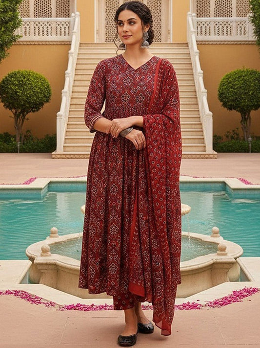 Dhiyona KL Ethnic Motifs Printed Pleated Kurta with Trousers & Dupatta