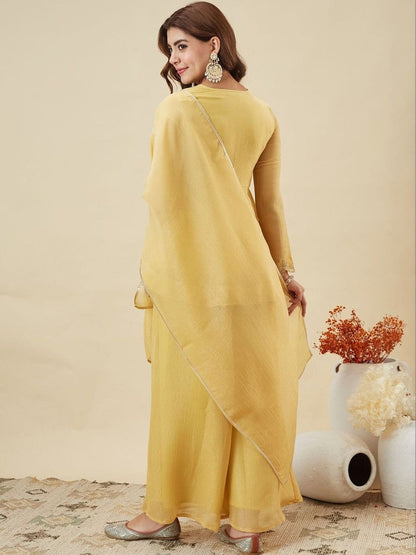 Embroidered Art Silk Round Neck Kurta & Palazzos With Dupatta