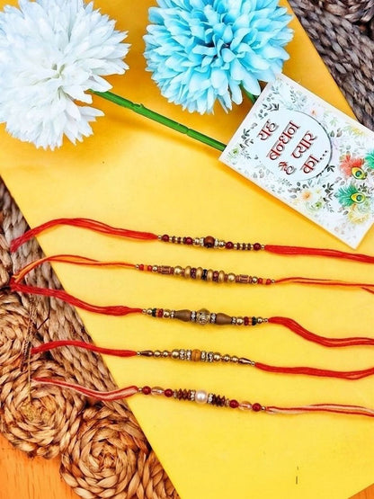 Dhiyona Set Of 5 Multicolor Designer Thread Rakhi With Roli Chawal Chandan Mishri