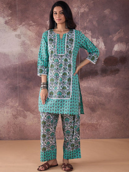 Dhiyona IE Printed Notch Neck Pure Cotton Tunic With Trousers