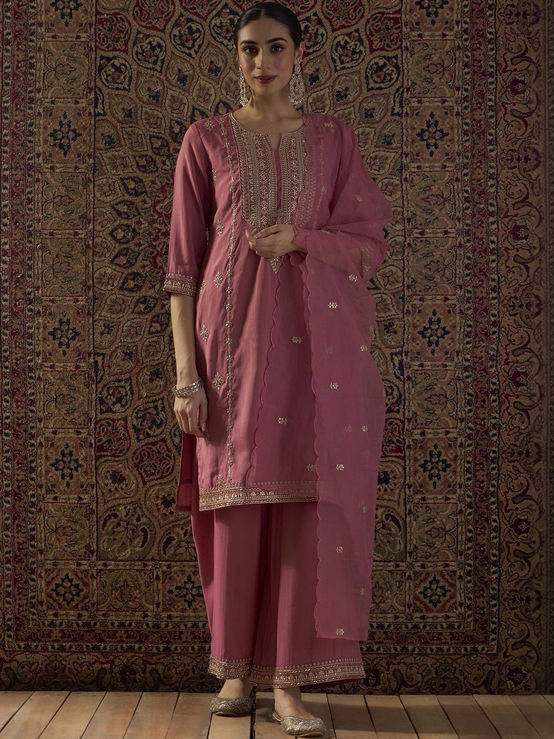 Dhiyona IE Ethnic Motifs Embroidered Notch Neck Zari Kurta With Palazzos & Dupatta