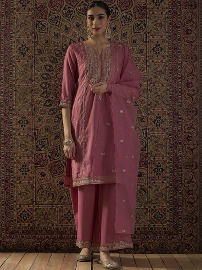 Dhiyona IE Ethnic Motifs Embroidered Notch Neck Zari Kurta With Palazzos & Dupatta