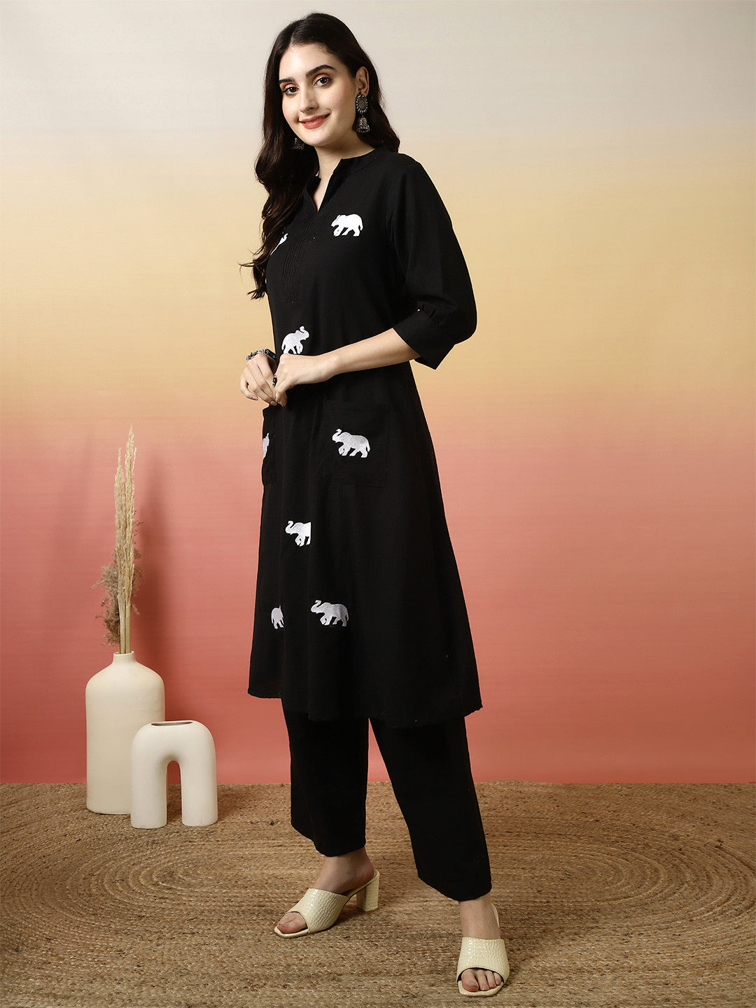 Black Ethnic Motifs Printed Notch Neck Pure Cotton Straight Kurta With Palazzo