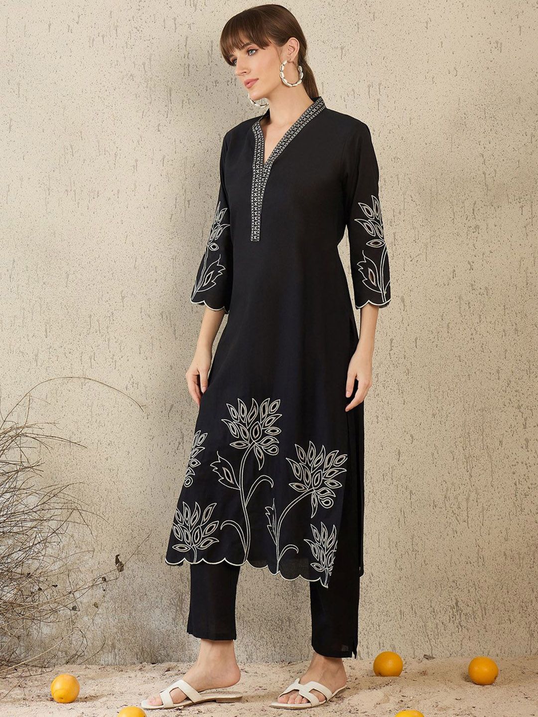 Dhiyona IE Women Embroidered V-Neck Cotton Top and Trousers Co-Ords