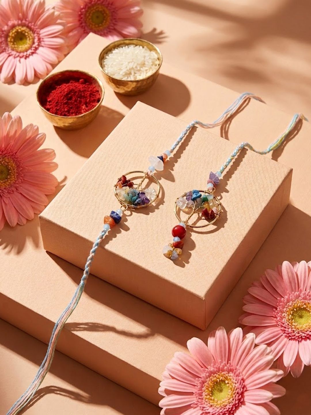 Dhiyona Set Of 2 Artificial Stones Bhaiya Bhabhi Rakhi With Roli Chawal Chandan Mishri