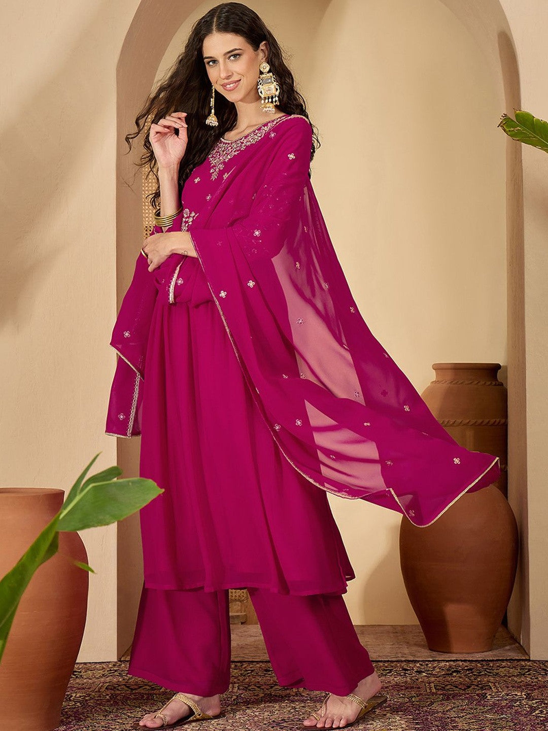 Women Ethnic Motifs Embroidered Empire Thread Work Kurta with Palazzos & With Dupatta
