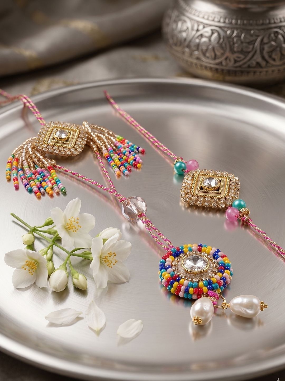 Dhiyona Set Of 2 White Artificial Stones Golden Toned Bhaiya Bhabhi Rakhi With Roli Chawal