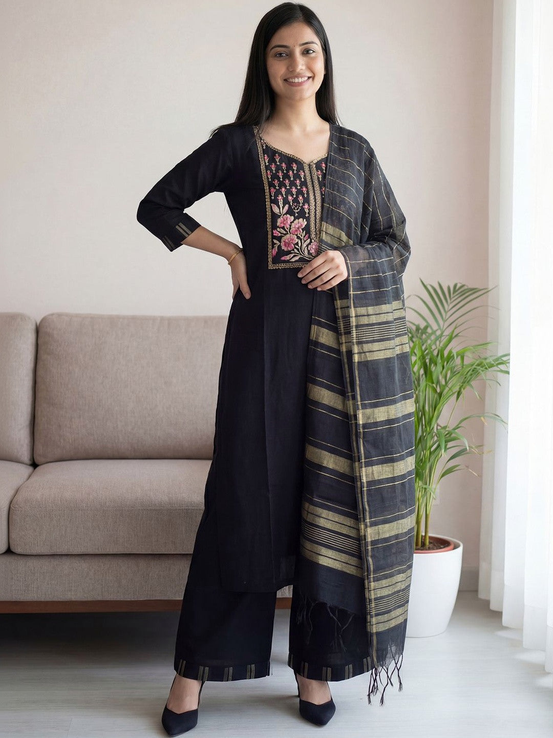 Women Ethnic Motifs Embroidered Thread Work Kurta with Palazzos & Dupatta