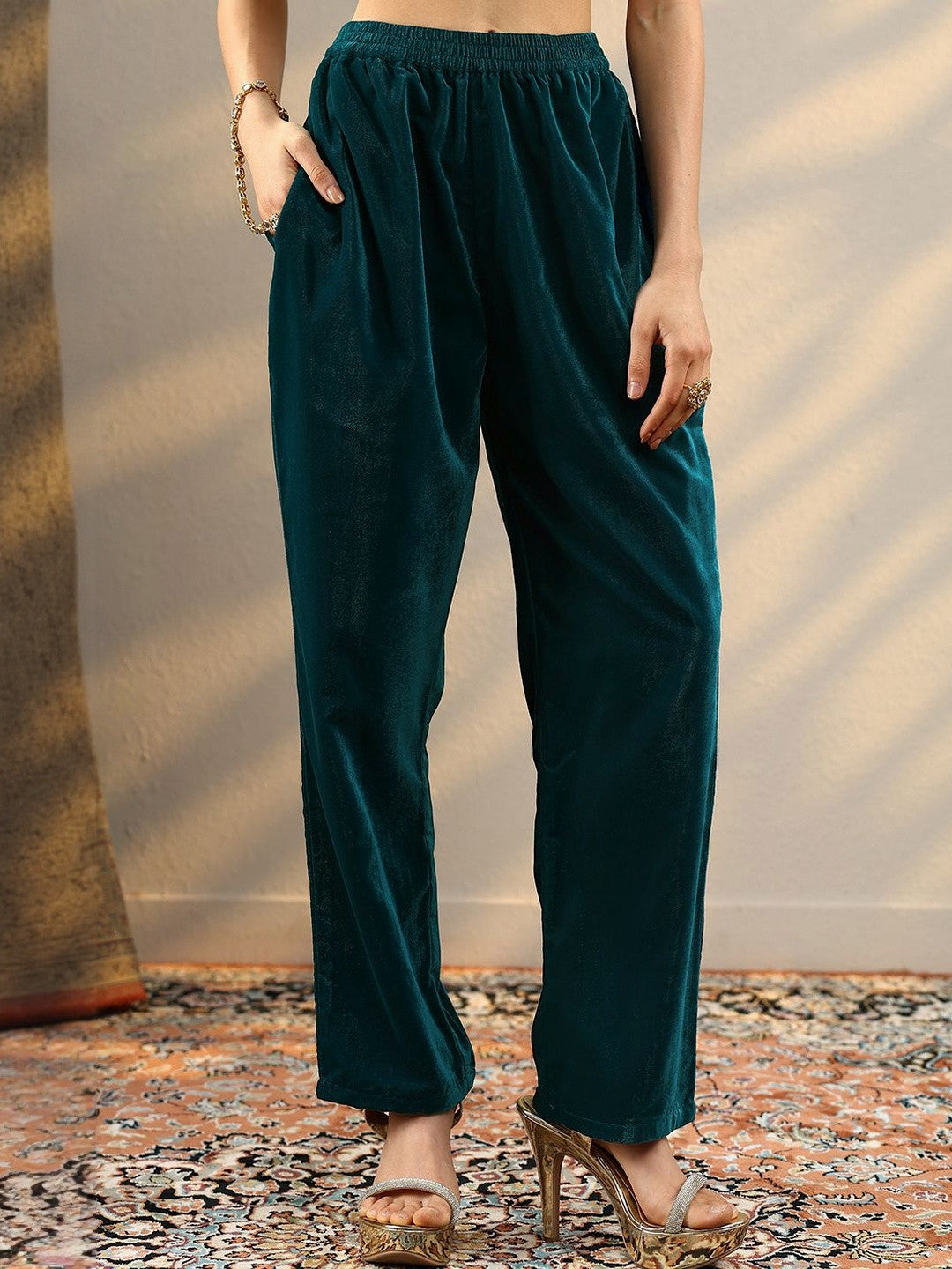 Ethnic Motifs Embroidered Thread Work Velvet Kurta & Trousers With Dupatta