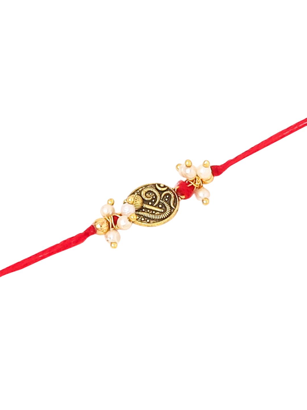 Dhiyona Men Set Of 2 Gold Toned Pearls Swastik Desgin Thread Rakhi With Roli Chawal