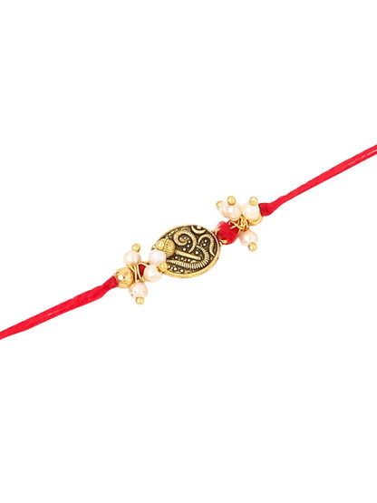 Dhiyona Men Set Of 2 Gold Toned Pearls Swastik Desgin Thread Rakhi With Roli Chawal