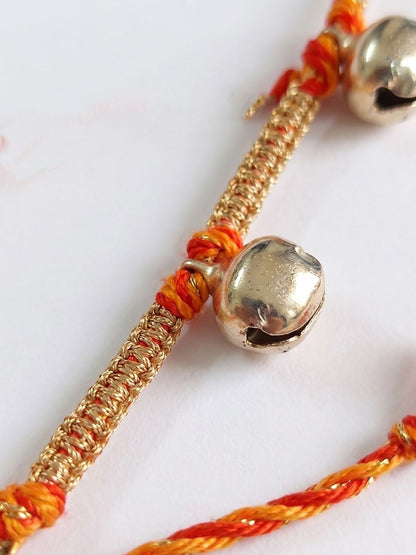Dhiyona Golden Ghungroo Thread Rakhi With Roli Chawal Chandan Mishri