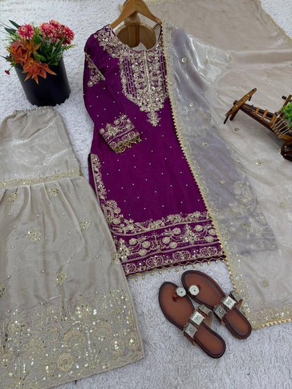 Dhiyona KL Women Ethnic Motifs Embroidered Regular Thread Work Kurta with Sharara & With Dupatta