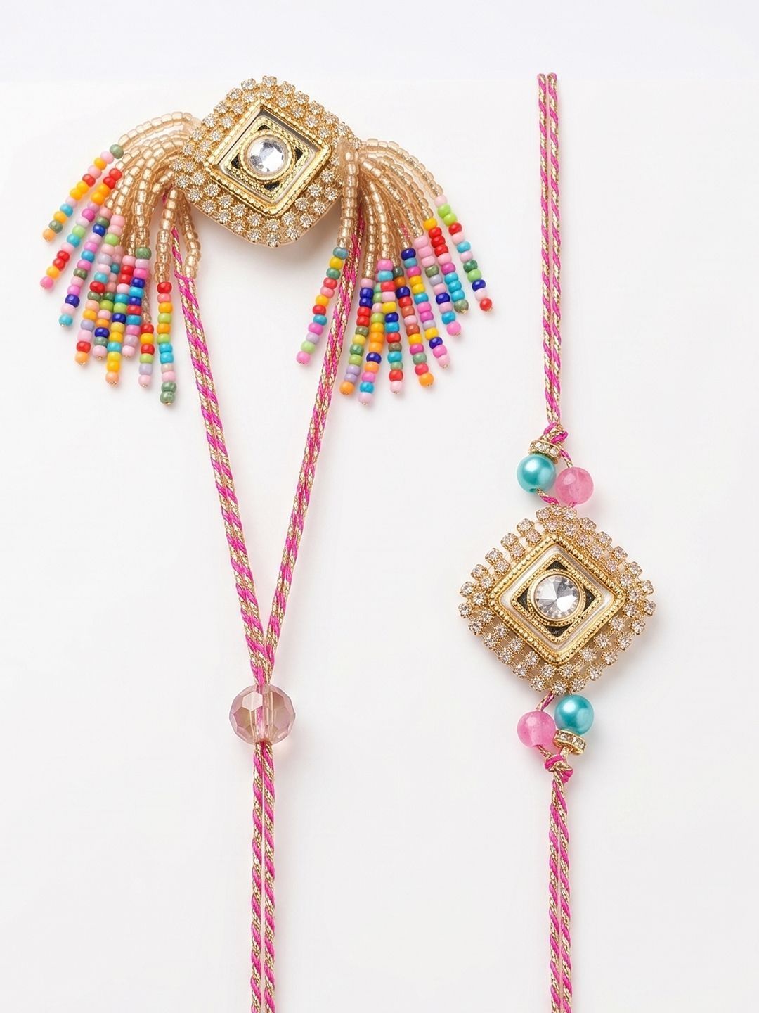 Dhiyona Set Of 2 White Artificial Stones Golden Toned Bhaiya Bhabhi Rakhi With Roli Chawal