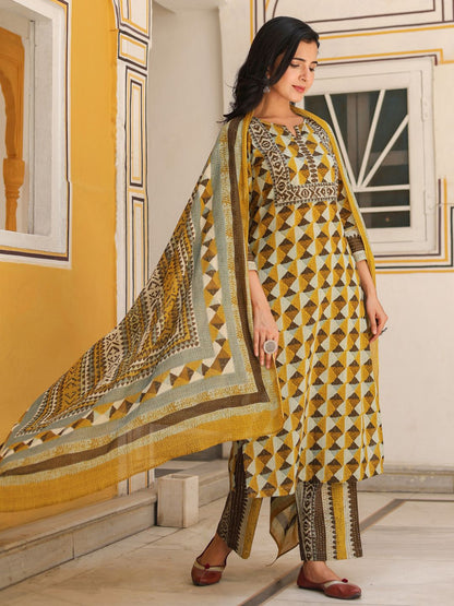 Dhiyona RR Women's Printed Regular Pure Cotton Kurta with Trousers & Dupatta