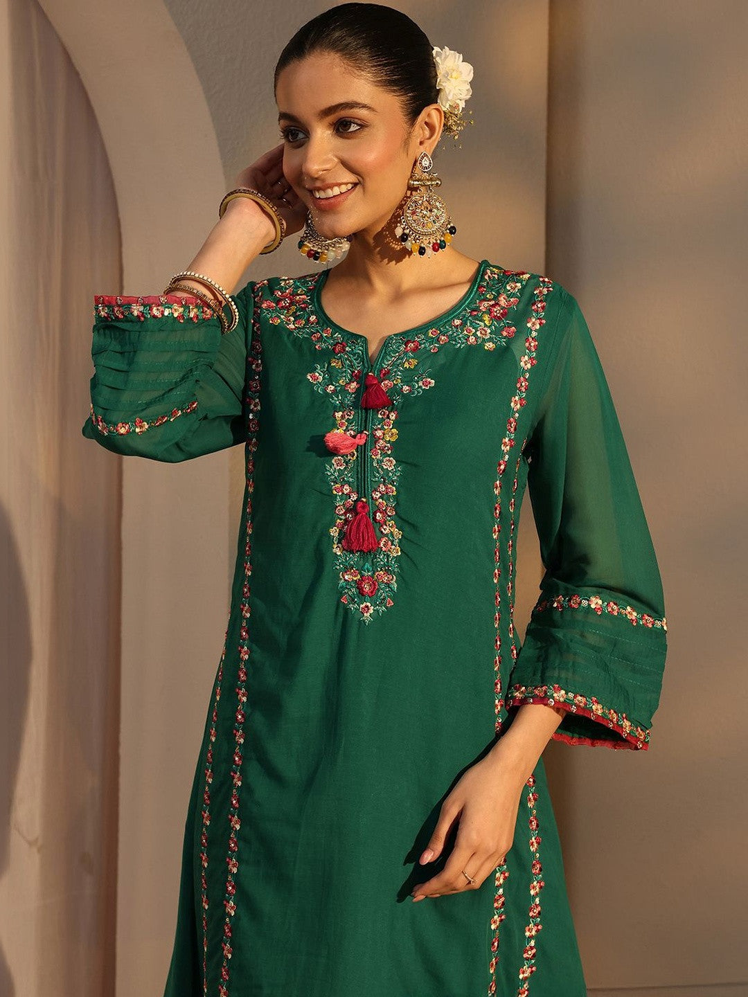 Women Ethnic Motifs Embroidered Regular Chanderi Cotton Kurta with Trousers & With Dupatta