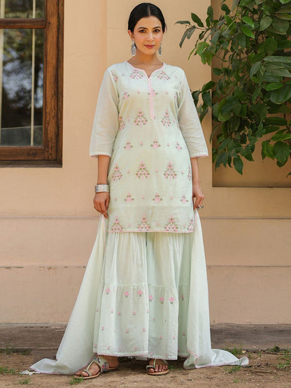 Dhiyona SC Women Solid Embroidered Cotton Kurti with Sharara & Dupatta