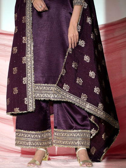Dhiyona SN Floral Yoke Design V-Neck Sequinned Satin Kurta With Palazzos & Dupatta