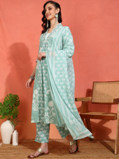 Dhiyona KL Motifs Printed Thread Work Pure Cotton Anarkali Kurta With Trousers & Dupatta