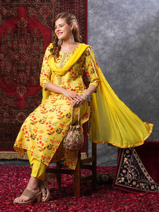 Dhiyona KL Floral Printed Regular Thread Work Straight Kurta with Trousers & Dupatta