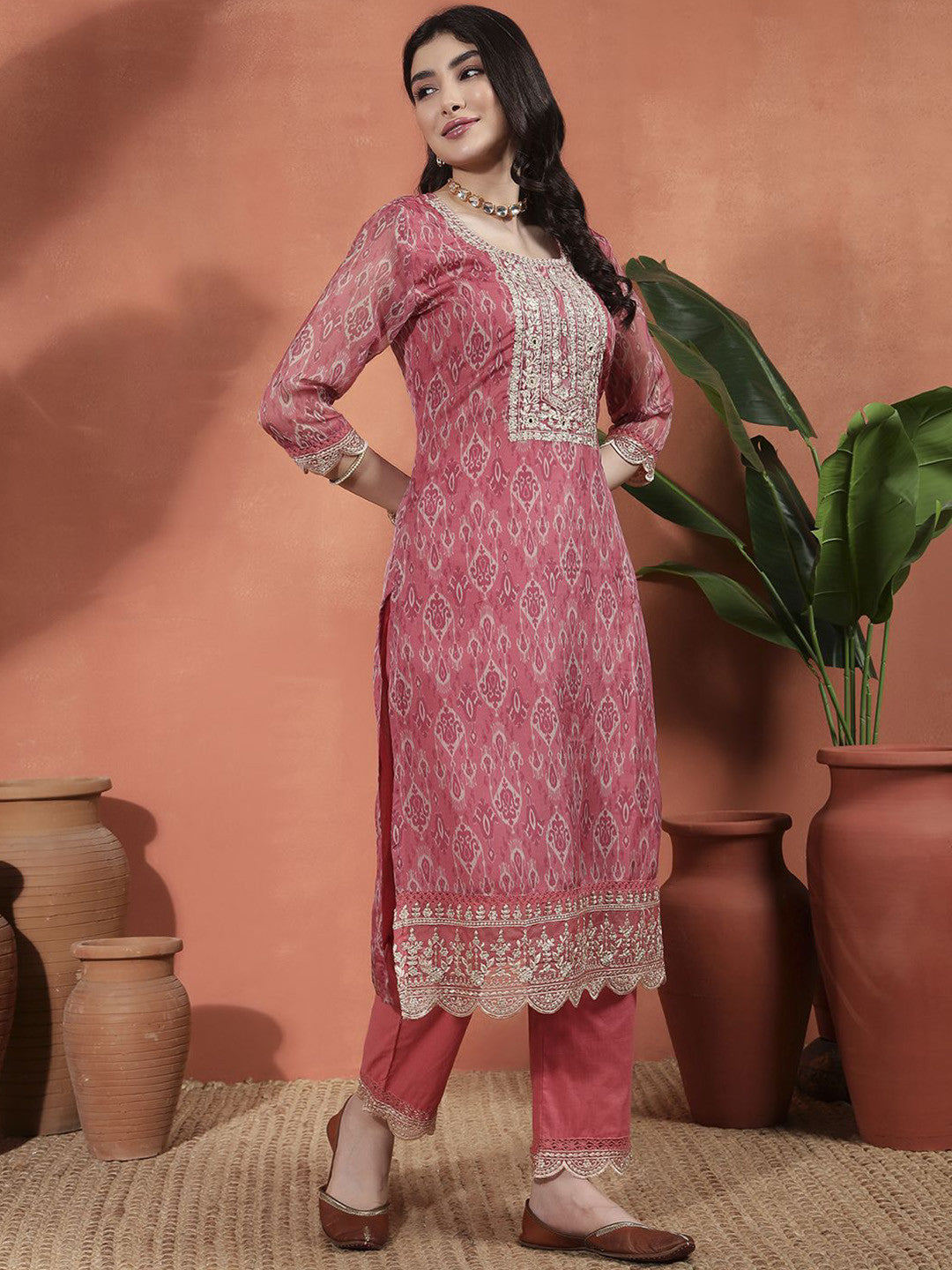 Ethnic Motifs Printed Zari Organza Straight Kurta With Trousers & Dupatta
