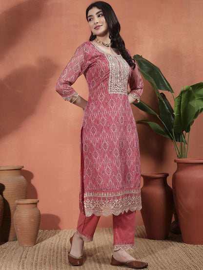 Ethnic Motifs Printed Zari Organza Straight Kurta With Trousers & Dupatta