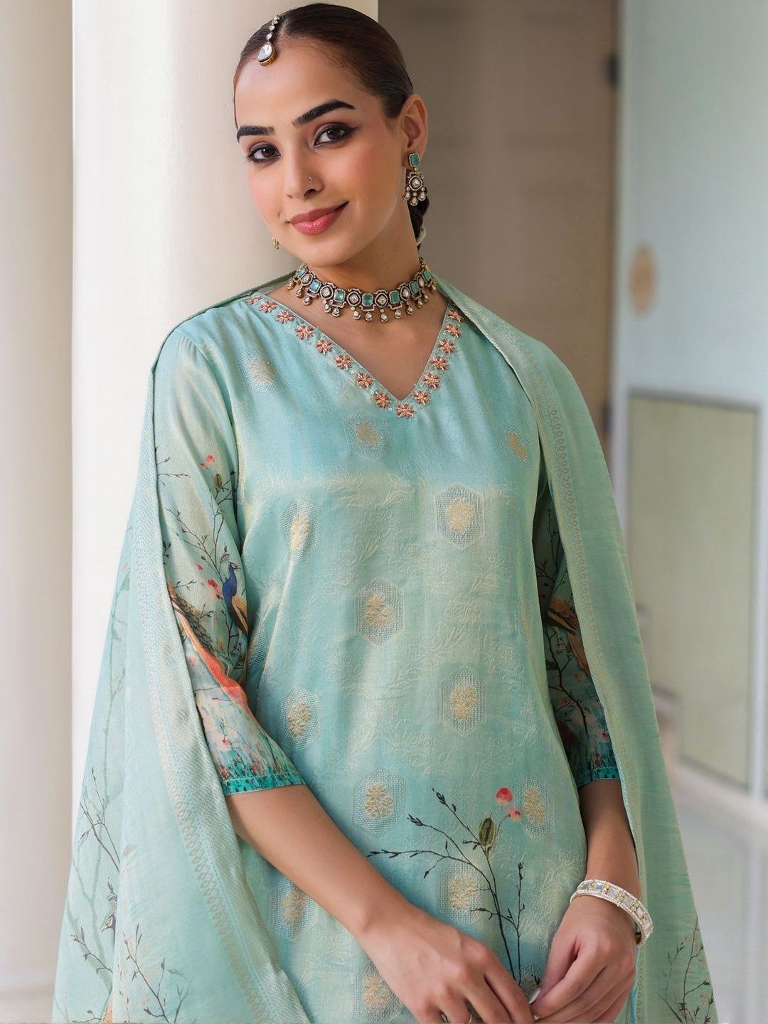 Dhiyona RR Women's Ethnic Motifs Printed Zari Chanderi Cotton Kurta With Trousers & Dupatta