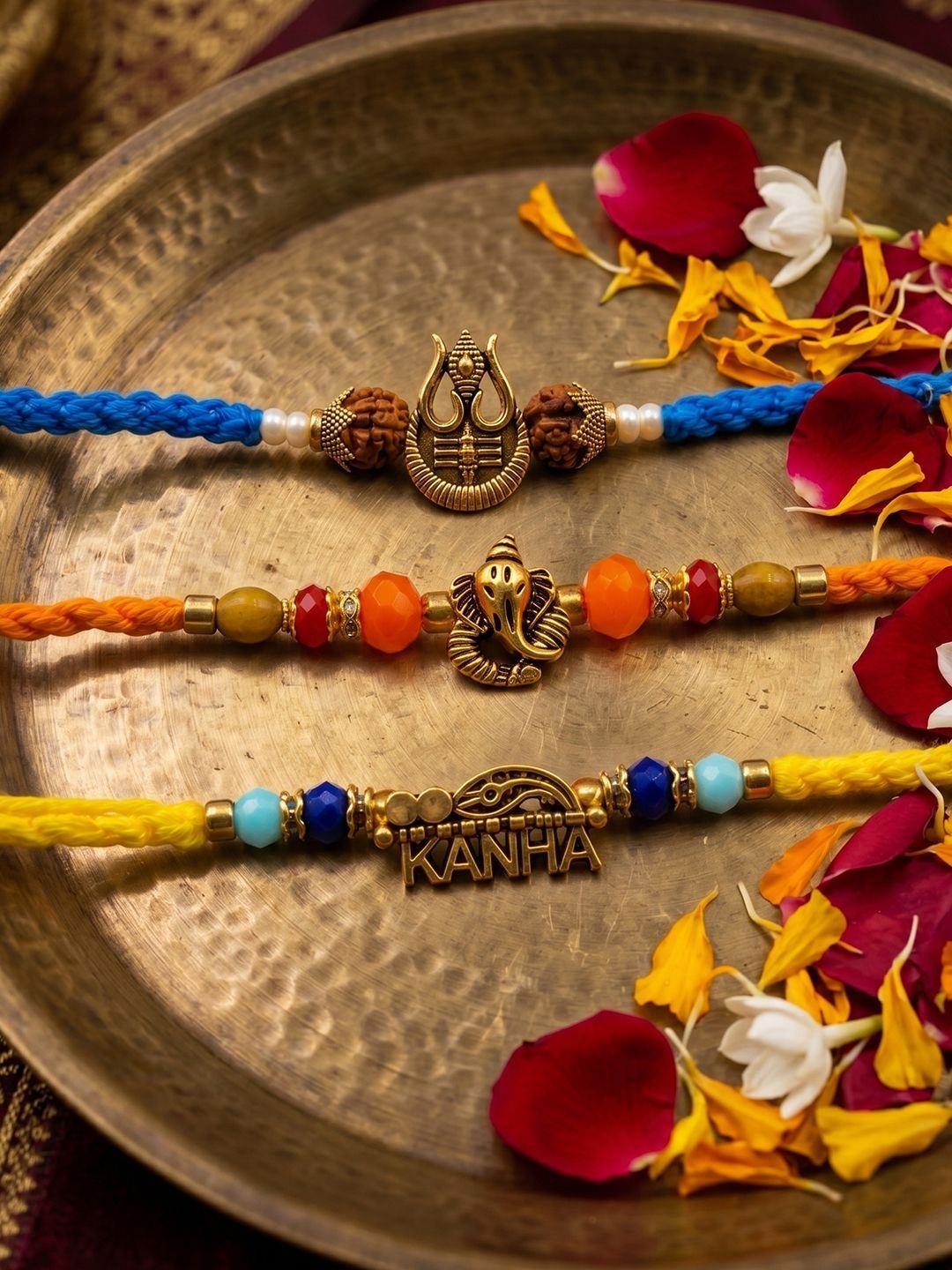 Dhiyona Set Of 3 Rudraksh Religious Rakhi Thread Rakhi Roli Chawal Chandan Mishri