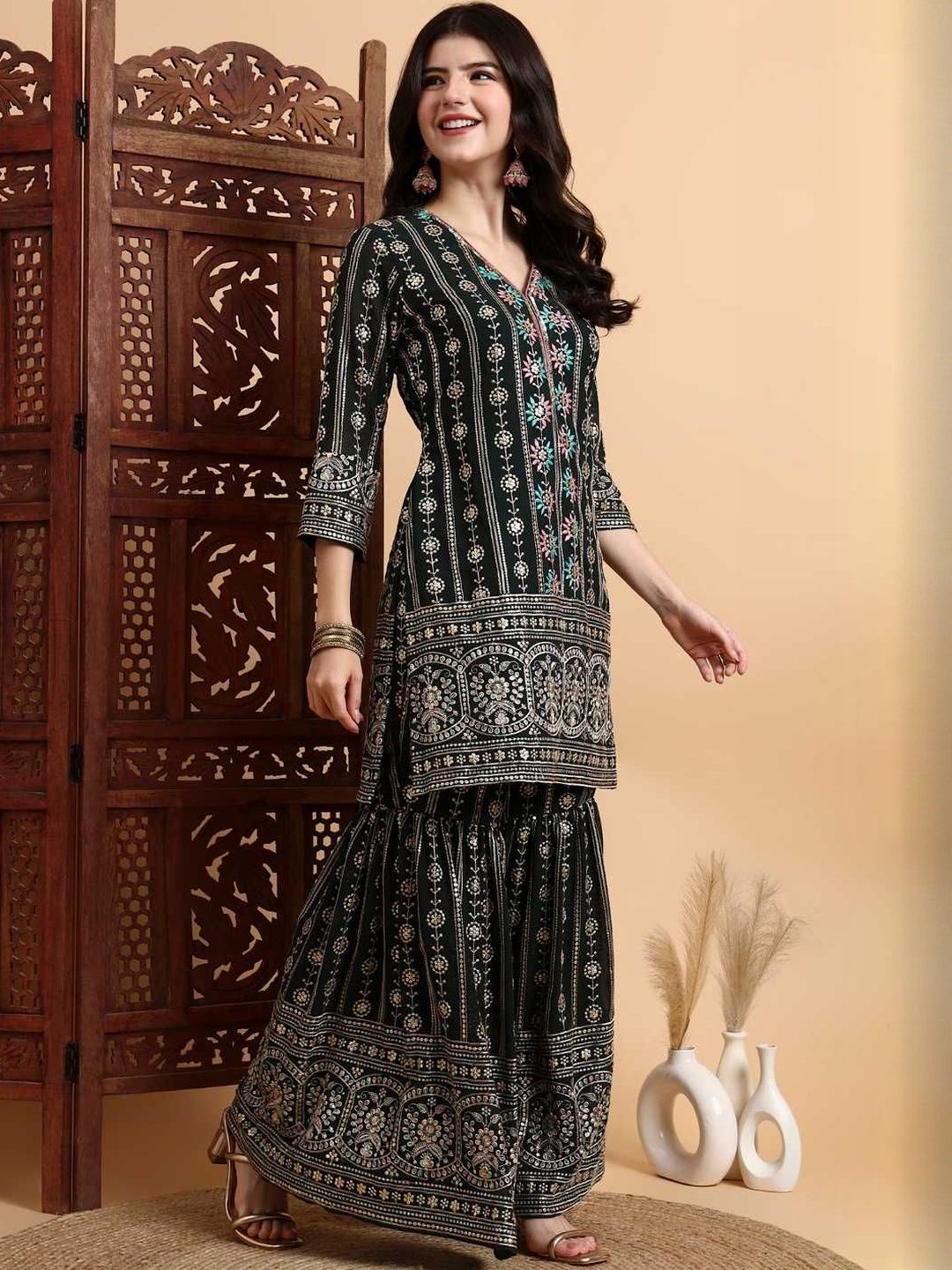Dhiyona HOP Embroidered V Neck Kurta & Sharara With Dupatta