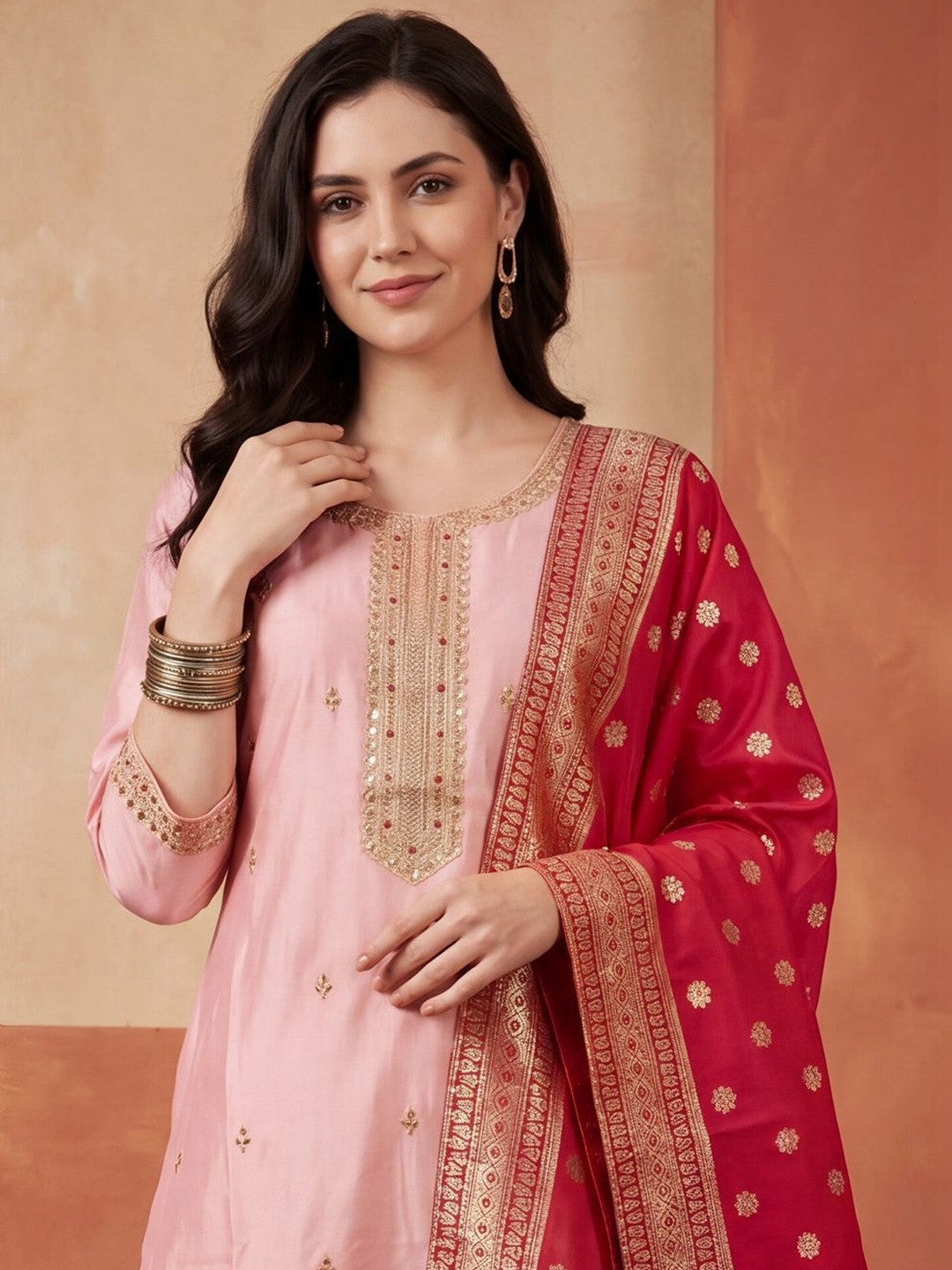 Women Ethnic Motifs Embroidered Regular Sequinned Kurta with Trousers & With Dupatta