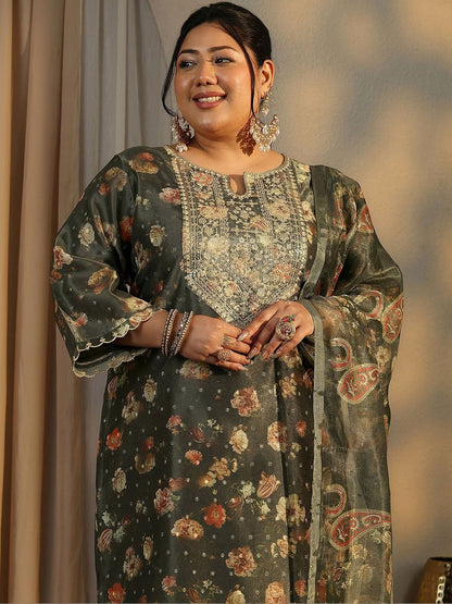 Dhiyona Women's Plus Size Floral Printed Kurta with Trousers & With Dupatta