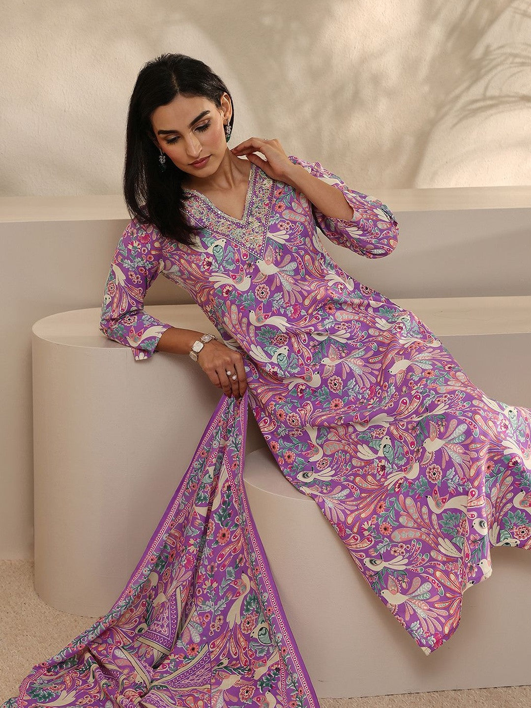 Women Ethnic Motifs Printed Regular Thread Work Kurta with Trousers & With Dupatta