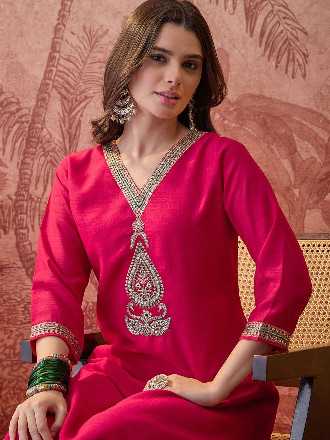 Embroidered V-Neck Kurta & Palazzos Kurta Set