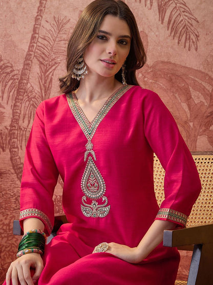 Embroidered V-Neck Kurta & Palazzos Kurta Set