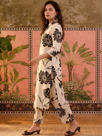 Printed Pure Cotton Mandarin Collar Kurta & Trousers