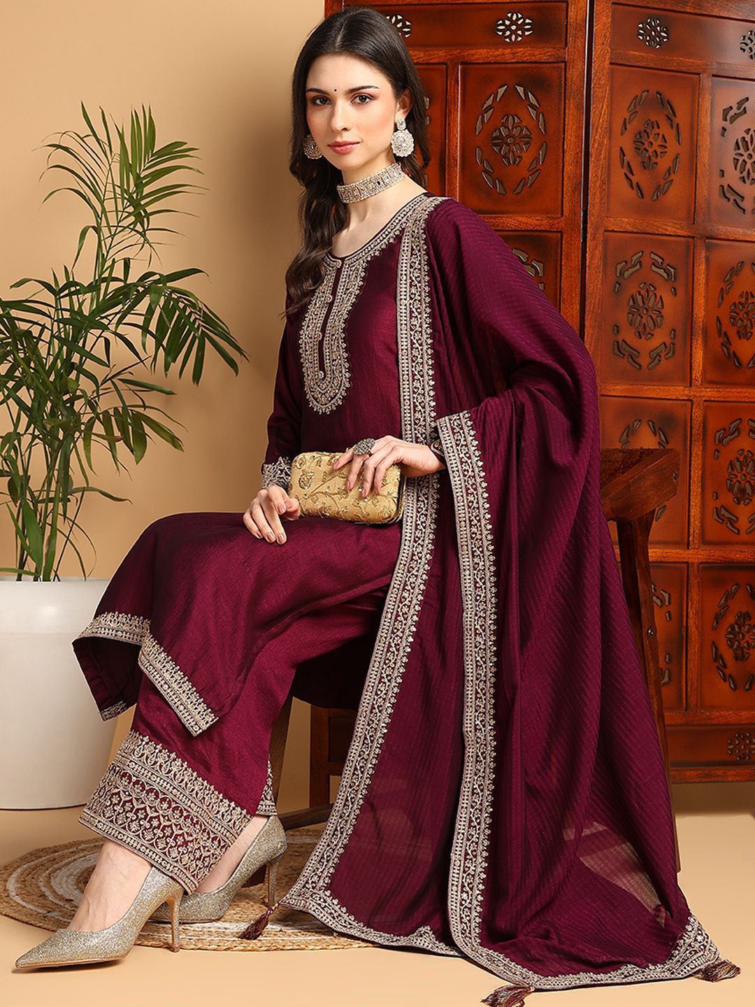 Dhiyona KL Ethnic Motifs Yoke Design Kurta with Palazzos & Dupatta