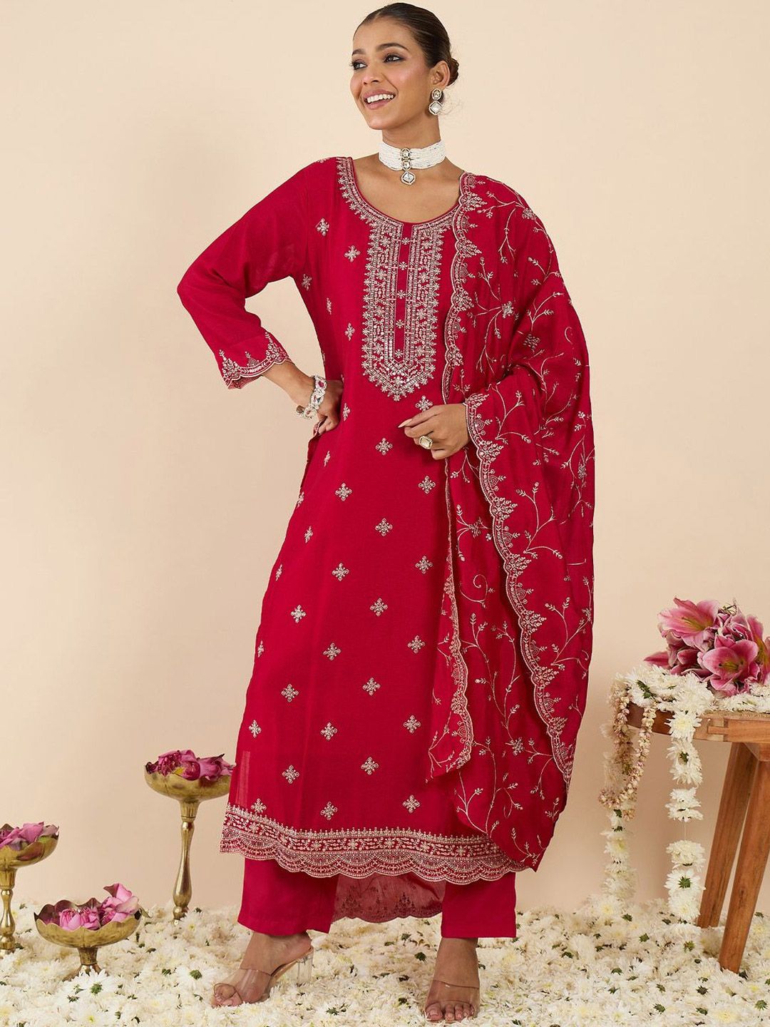 Women Ethnic Motifs Embroidered Regular Thread Work Kurta with Trousers & With Dupatta
