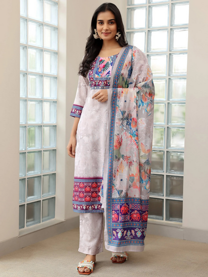 Women's LB Grey Printed Linen Straight Suit With Dupatta