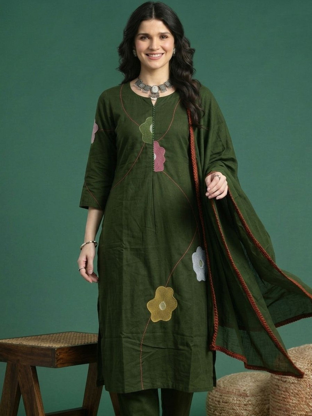 Embroidered Cotton Round Neck Kurta & Trousers With Dupatta