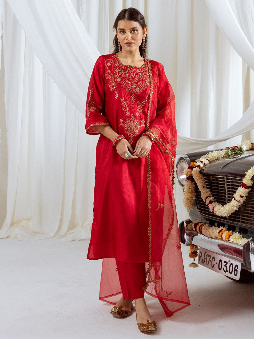 Floral Embroidered Sequinned Straight Kurta With Trousers & Dupatta