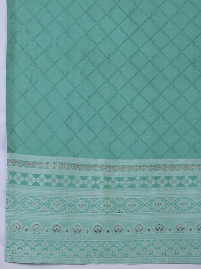 Women's LB Green Woven Design Silk Blend Straight Suit With Dupatta