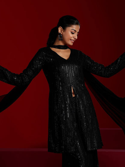 Dhiyona LL Embroidered Sequinned Kurta with Palazzos & Dupatta
