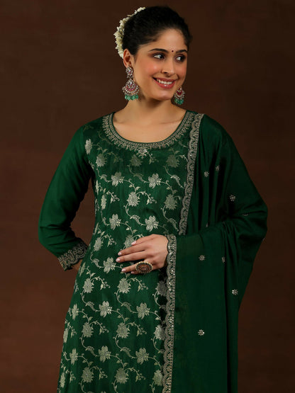 Women's LB Green Woven Design Silk Blend Straight Suit With Dupatta