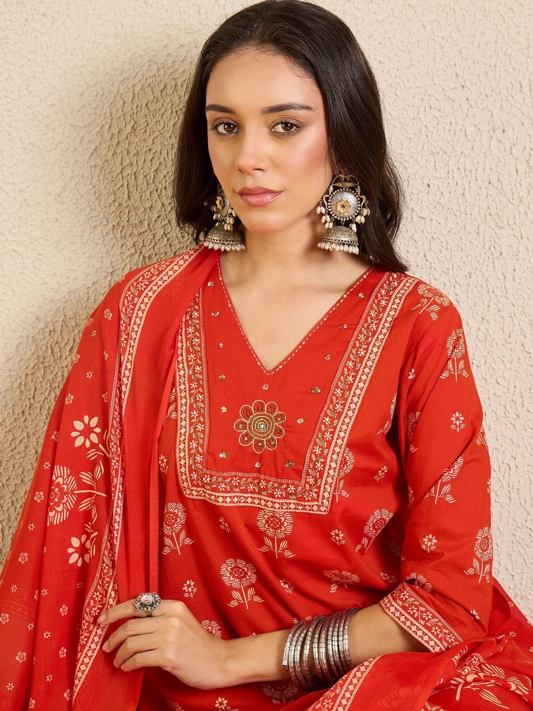 Women Ethnic Motifs Printed Regular Thread Work Pure Cotton Kurta with Trousers & With Dupatta