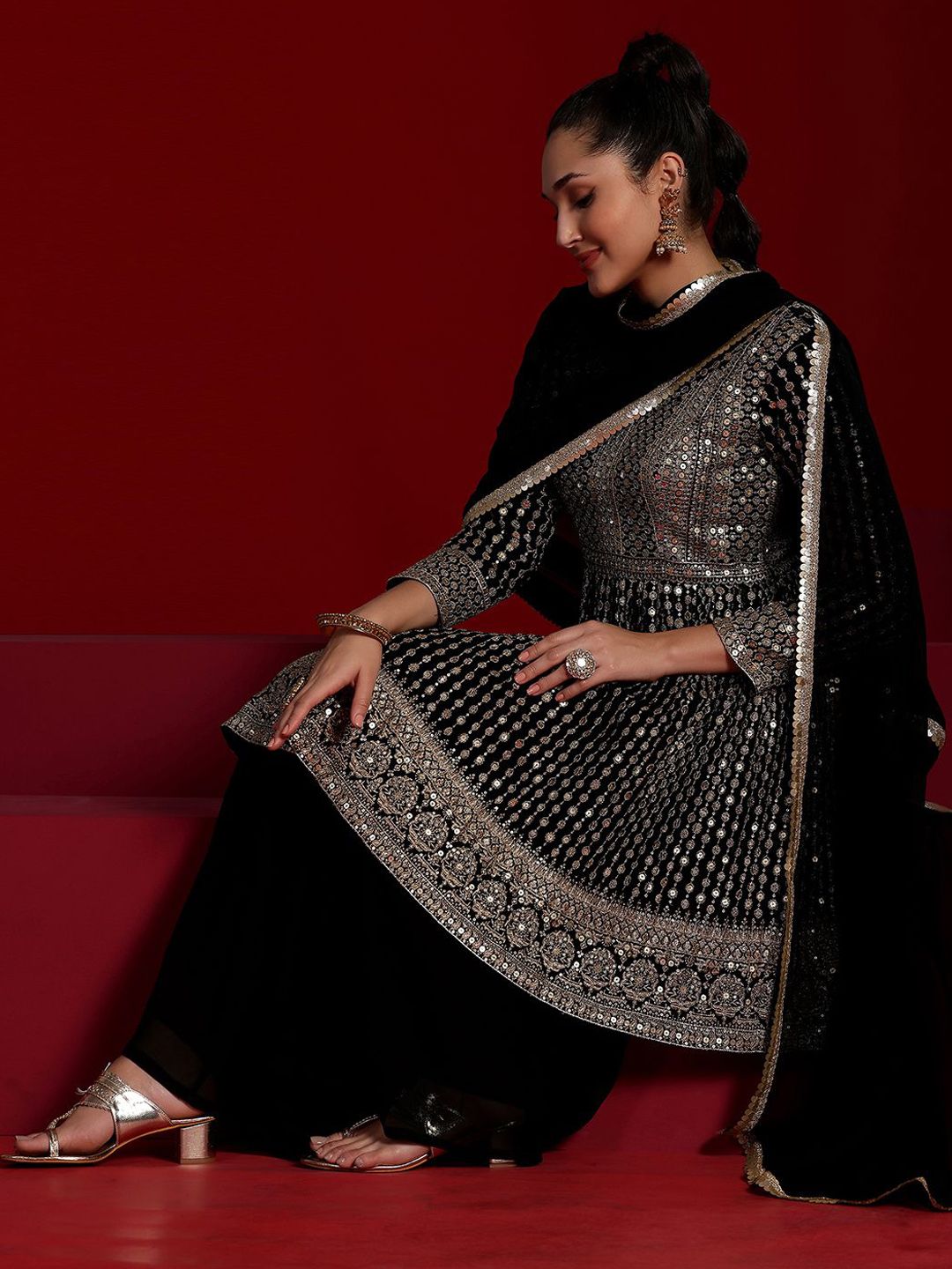 Dhiyona LL Embroidered Sequinned Kurti with Palazzos & Dupatta