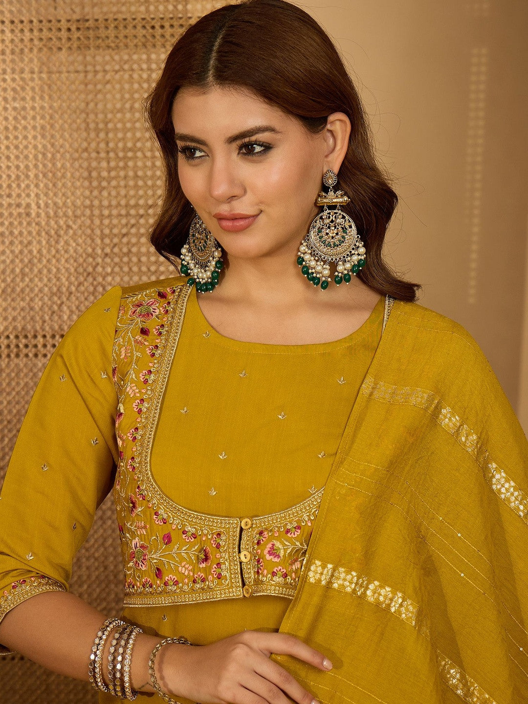 Women Mustard Embroidered Kurta Sets With Dupatta