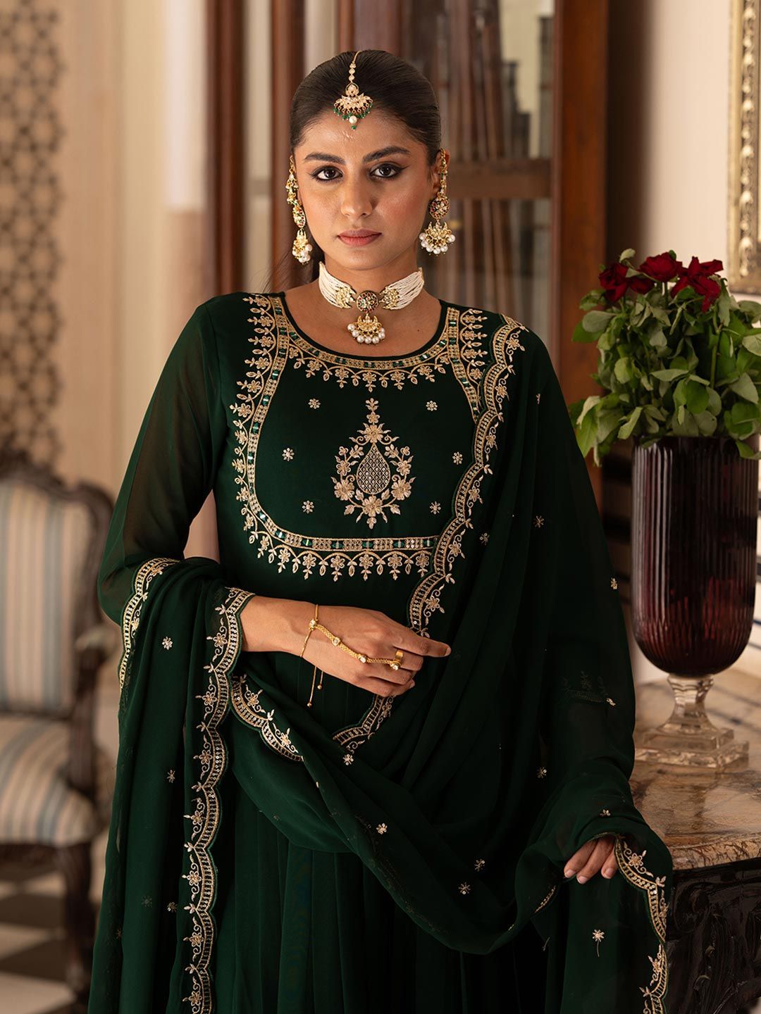 Dhiyona CH Women Floral Embroidered Pleated Mirror Work Kurta with Trousers & Dupatta